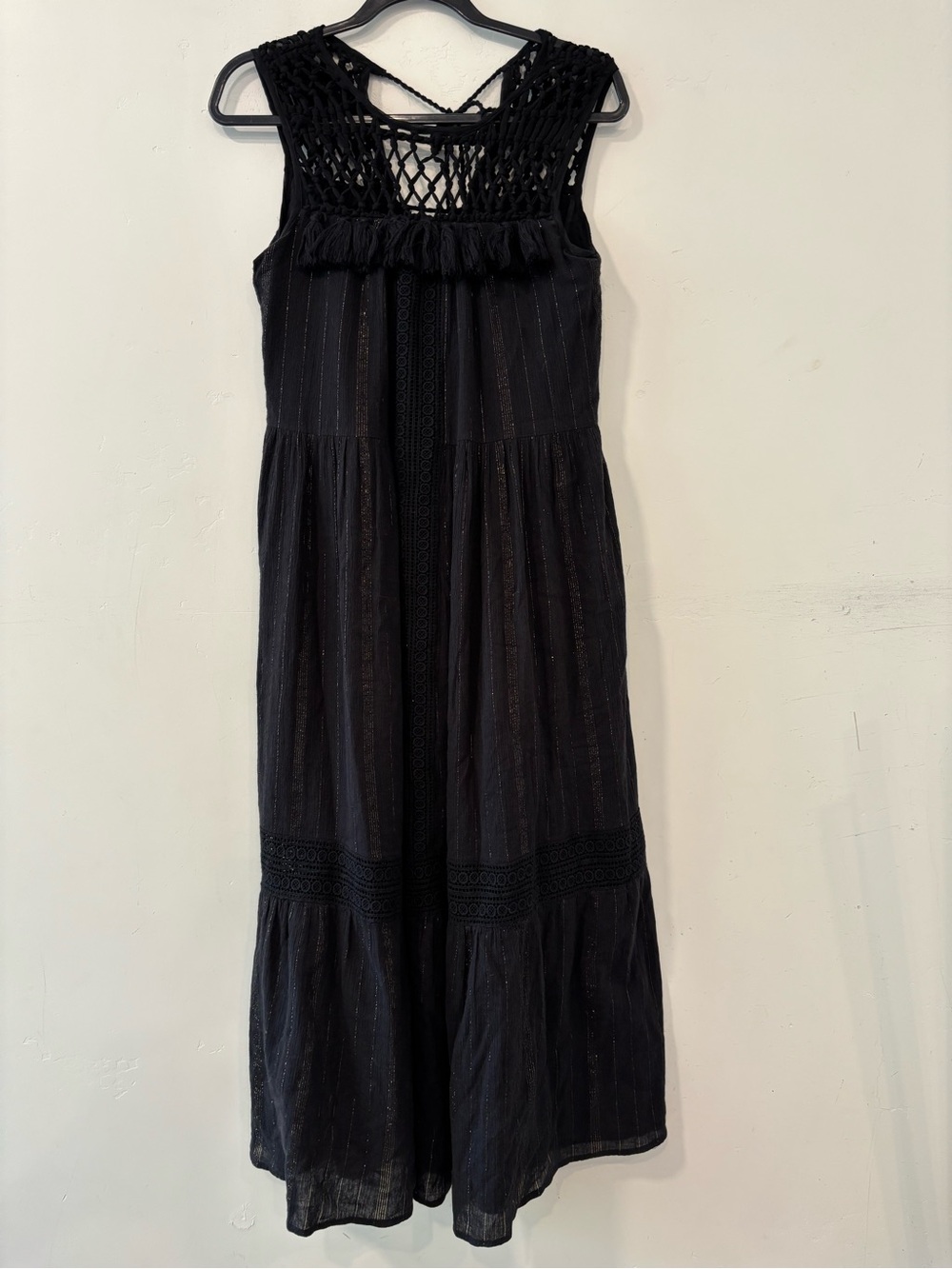 Anthropologie Maeve Abilene in Black Tassel Crocheted Yoke Maxi Dress XS